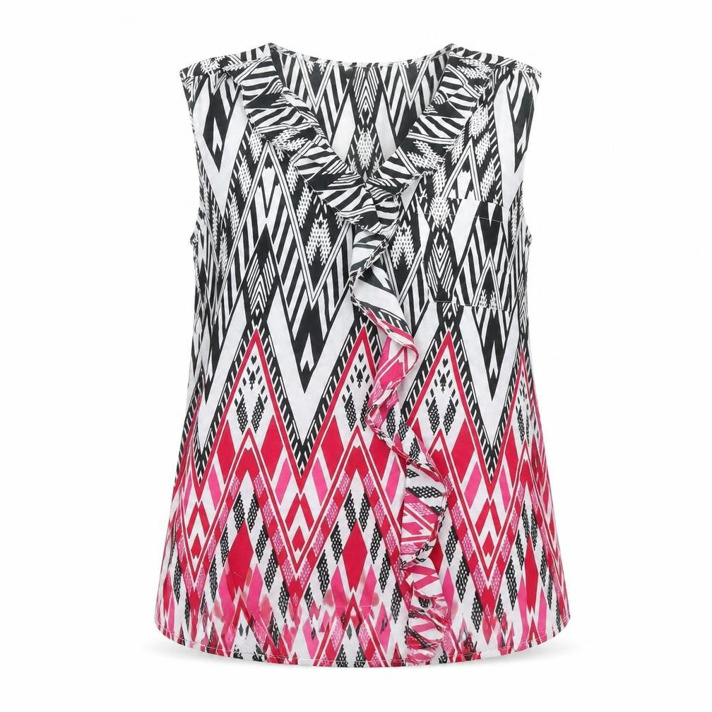 Front view of Mystify Women's Multicoloured Tribal Ruffle V-Neck Tunic Blouse, size 10