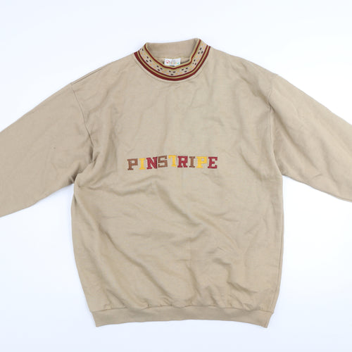 Pinstripe Men's Beige Cotton Embroidered Retro Sweatshirt One Size