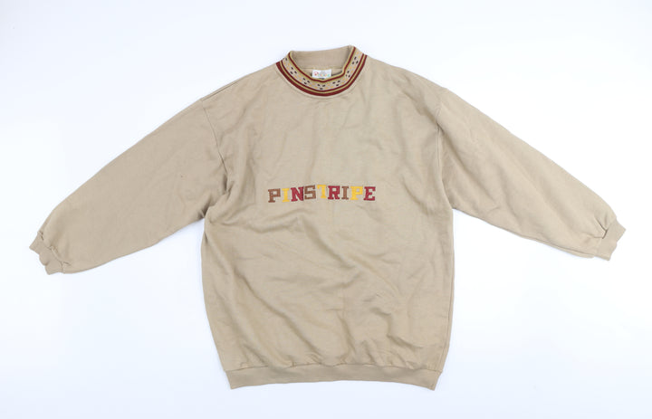 Pinstripe Men's Beige Cotton Embroidered Retro Sweatshirt One Size