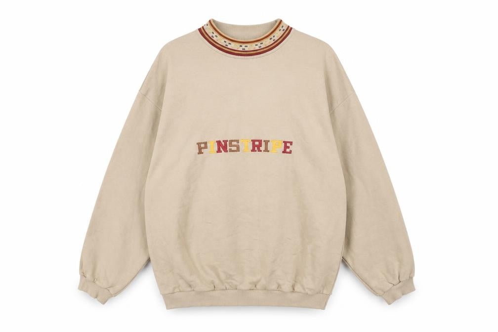Front view of Pinstripe Men's Beige Cotton Embroidered Retro Sweatshirt One Size