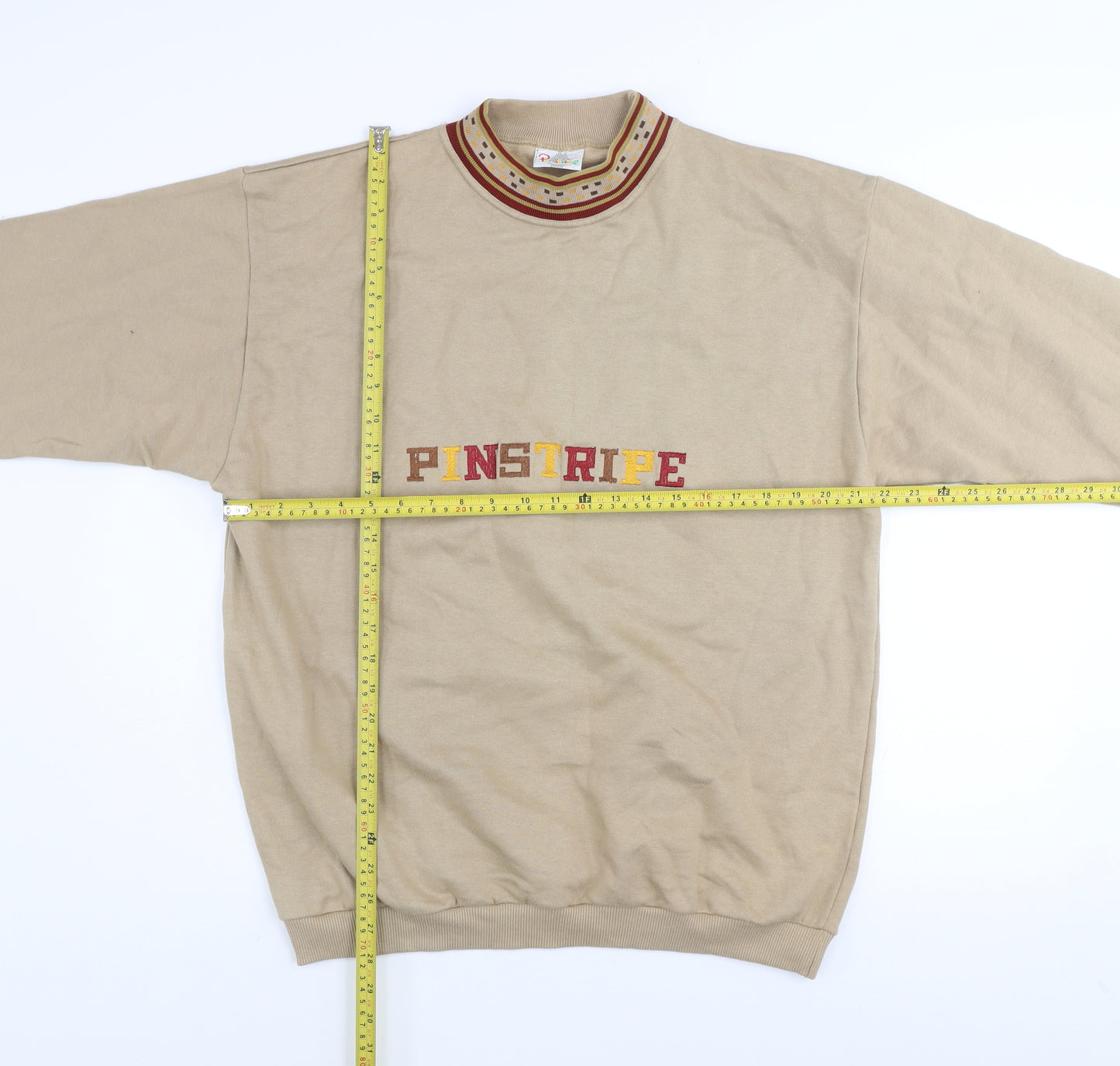 Pinstripe Men's Beige Cotton Embroidered Retro Sweatshirt One Size