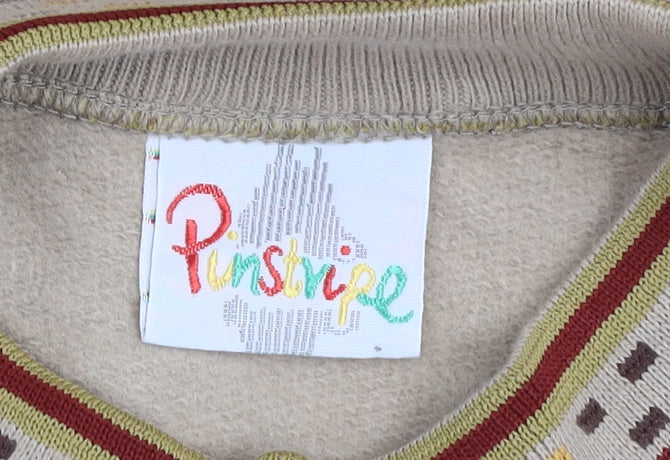 Pinstripe Men's Beige Cotton Embroidered Retro Sweatshirt One Size