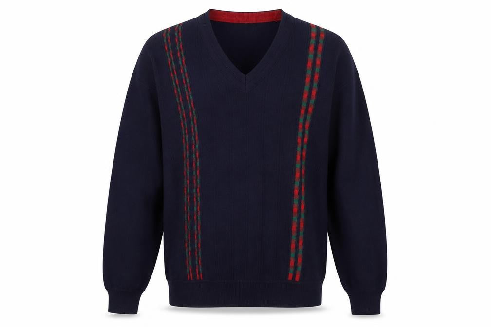 Front view of Summerland Men’s Navy Blue Wool Blend V-Neck jumper, size L