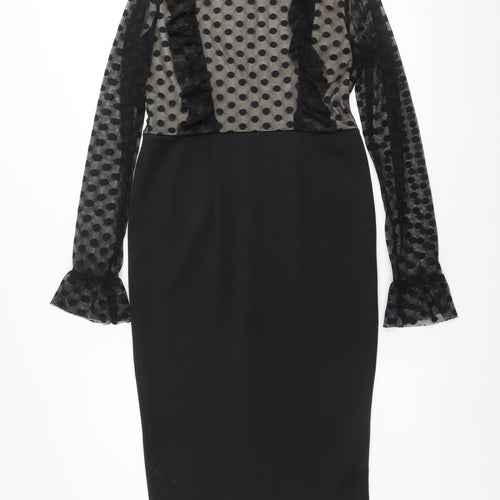AX Paris Women Black Polka Dot Mesh Long Sleeve Bodycon Dress Size 12
