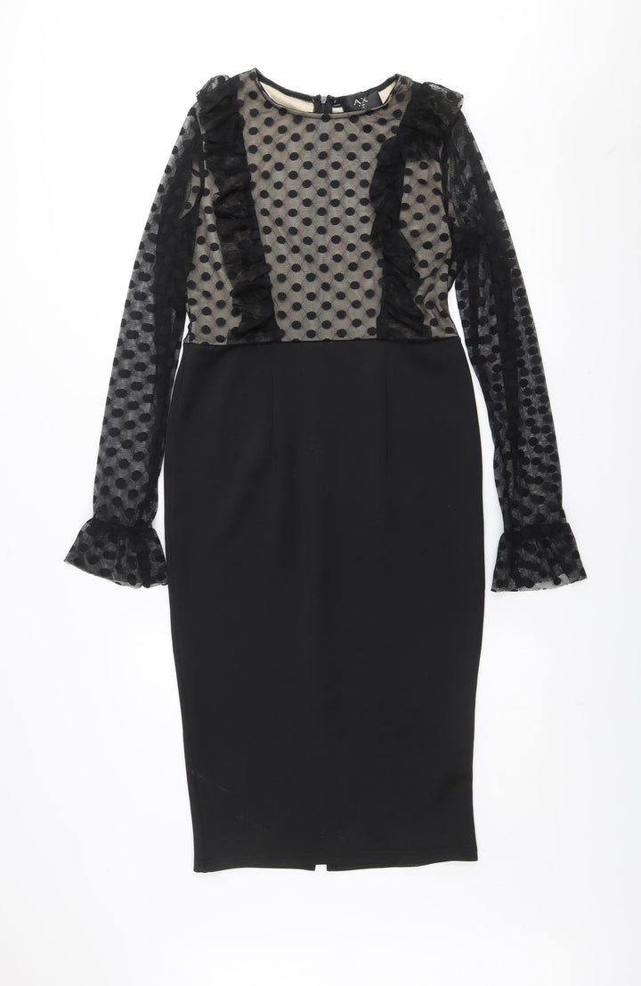 AX Paris Women Black Polka Dot Mesh Long Sleeve Bodycon Dress Size 12