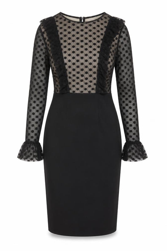 Front view of AX Paris Women Black Polka Dot Mesh Long Sleeve Bodycon Dress, size 12