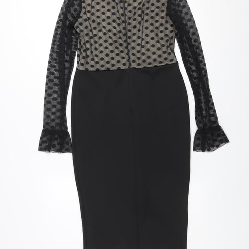 AX Paris Women Black Polka Dot Mesh Long Sleeve Bodycon Dress Size 12