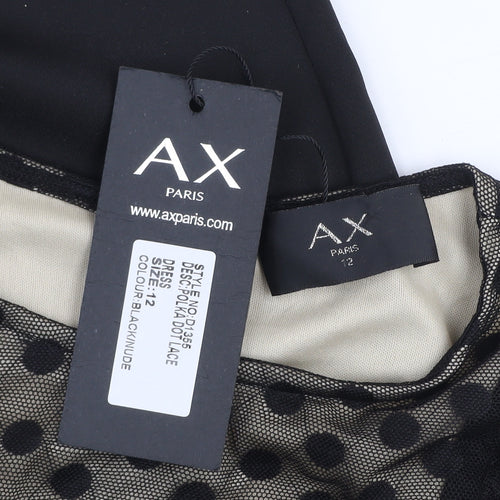 AX Paris Women Black Polka Dot Mesh Long Sleeve Bodycon Dress Size 12
