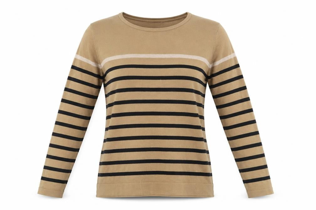 Front view of Punt Roma Women's Beige Striped Long Sleeve jumper, size M