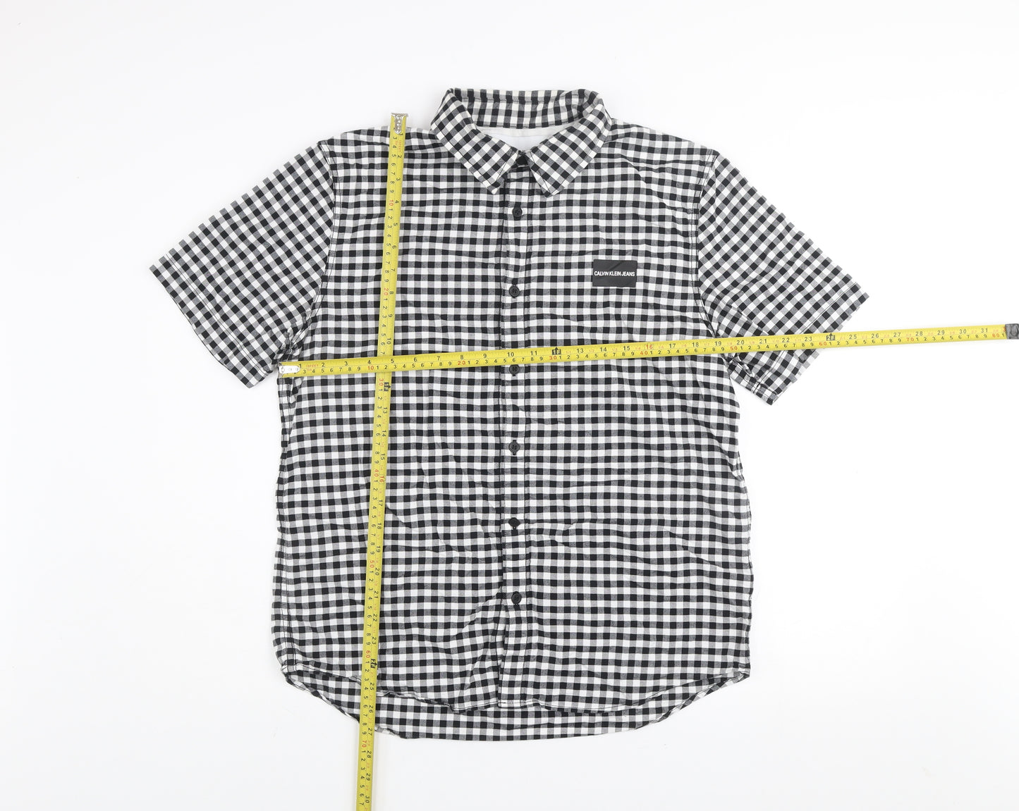 Calvin Klein Jeans Men's Black & White Check Short Sleeve Regular Fit Shirt Size L