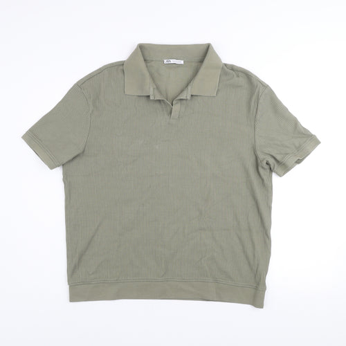 Zara Men’s Khaki Cotton Short Sleeve Collared Polo Shirt XL