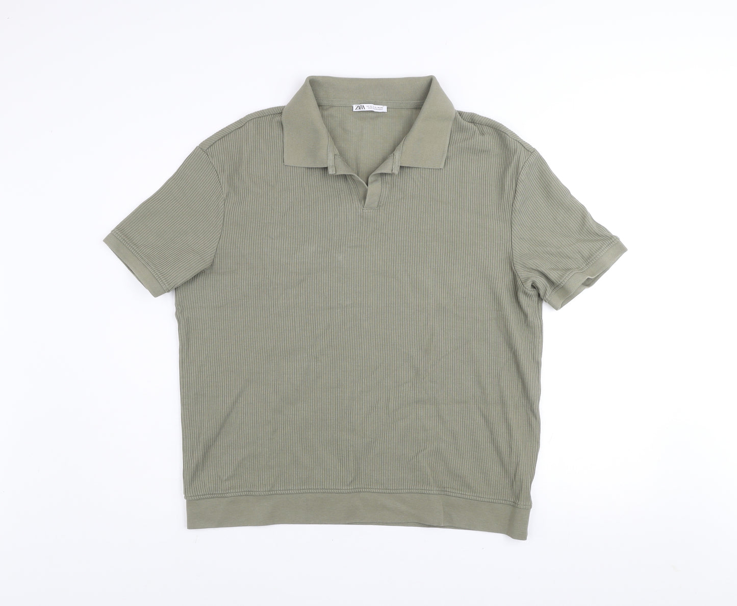 Zara Men’s Khaki Cotton Short Sleeve Collared Polo Shirt XL