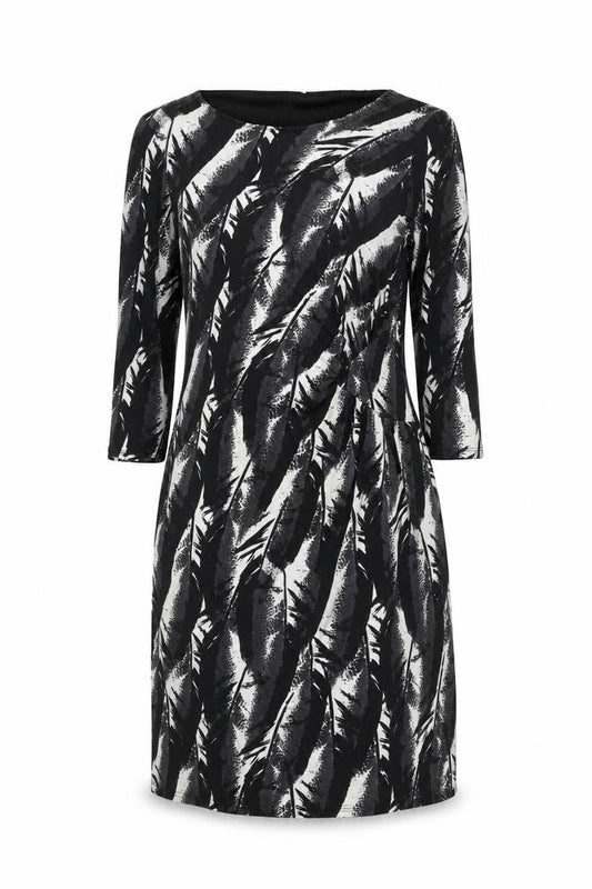 Front view of Debenhams Women Black, size 12, Shift Dress 3/4 Sleeve Stretch Jersey
