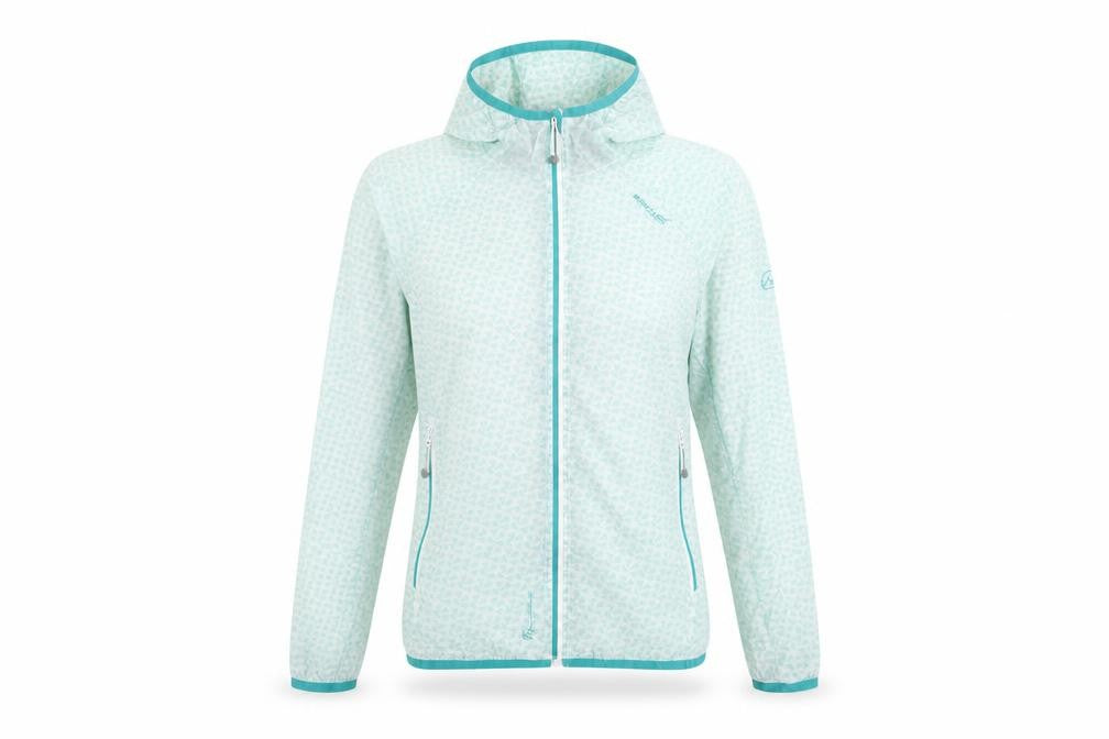 Front view of Regatta women’s blue lightweight hooded windbreaker jacket uk 12