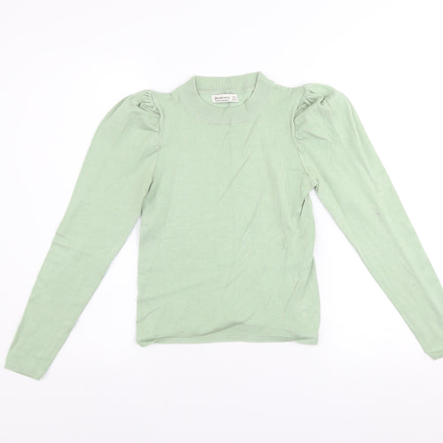 Stradivarius Women’s Green High Neck Puff Sleeve Knit Jumper Size 8