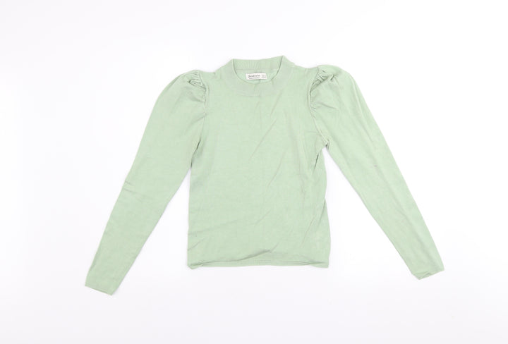 Stradivarius Women’s Green High Neck Puff Sleeve Knit Jumper Size 8