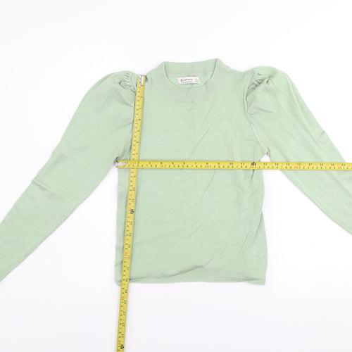 Stradivarius Women’s Green High Neck Puff Sleeve Knit Jumper Size 8