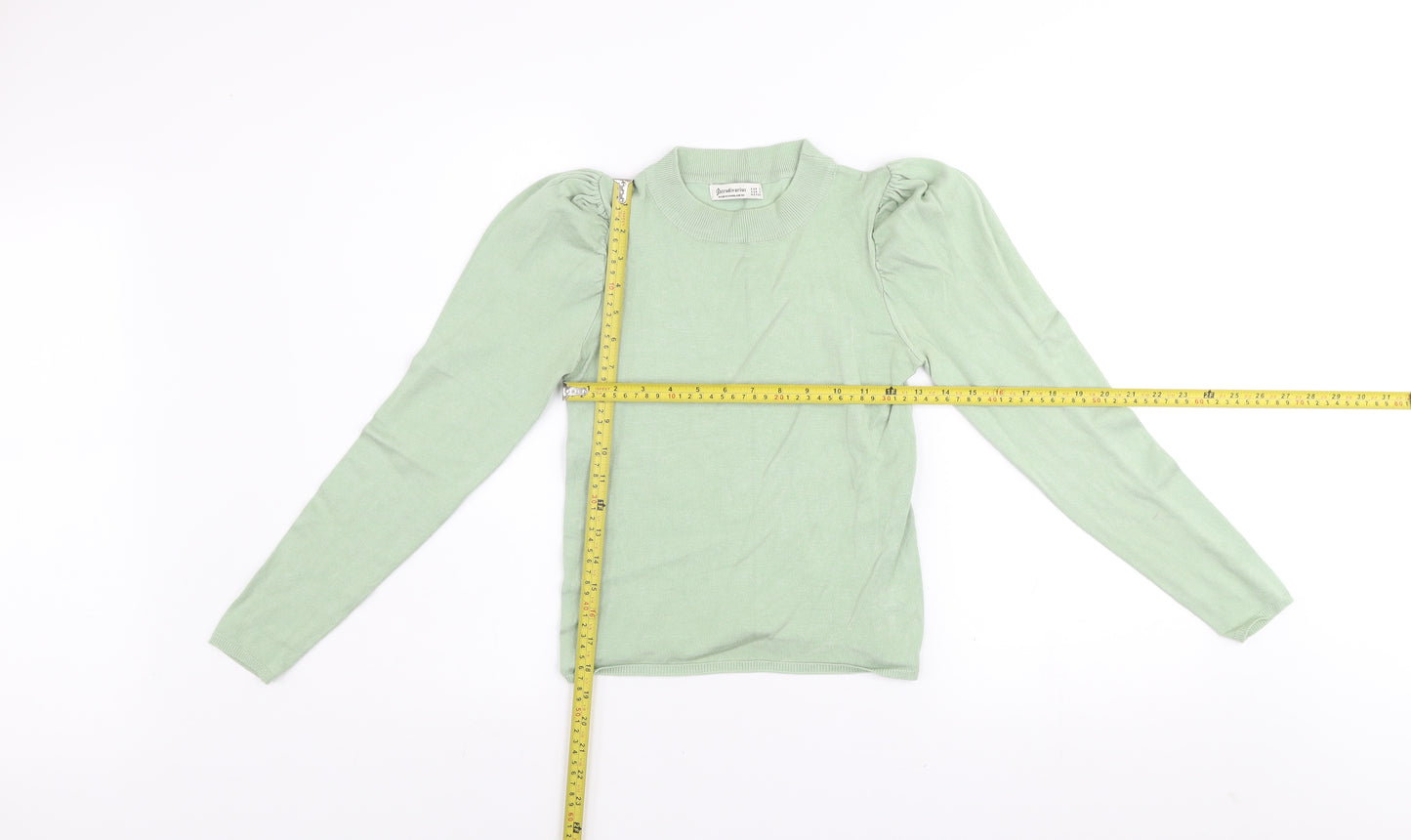 Stradivarius Women’s Green High Neck Puff Sleeve Knit Jumper Size 8