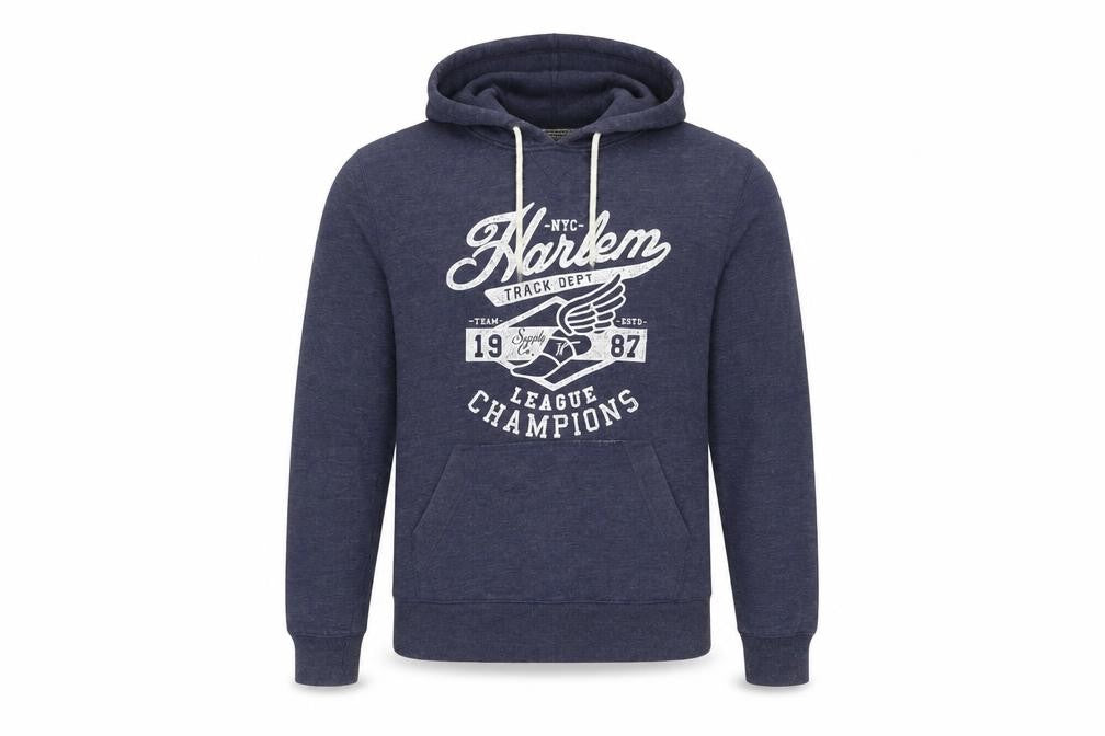 Front view of Dunnes Men's Blue Pullover Hoodie L Graphic Print League Champions