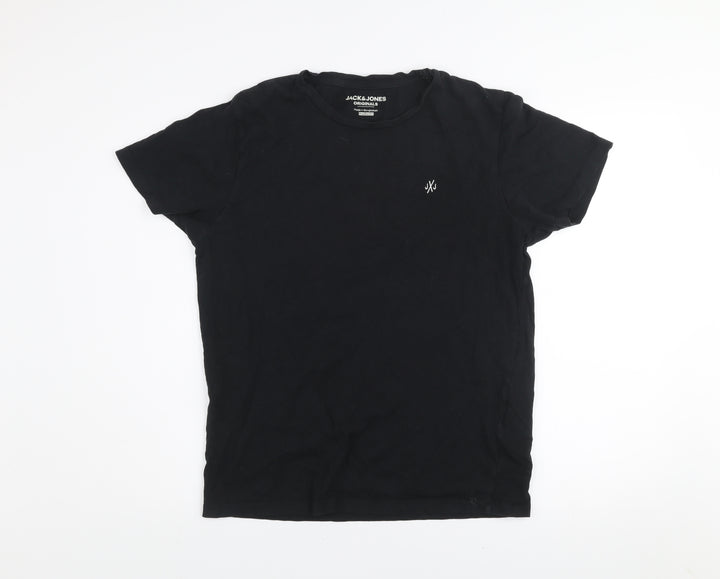 Jack & Jones Mens Black Regular Fit Cotton Crew Neck T-Shirt M