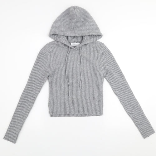 Stradivarius Womens Grey Ribbed Knit Pullover Hoodie Size S