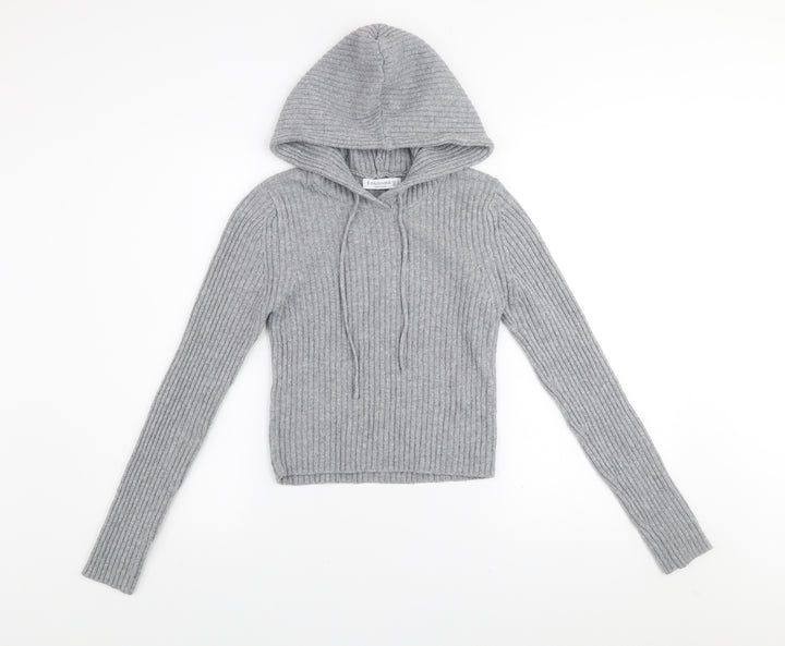 Stradivarius Womens Grey Ribbed Knit Pullover Hoodie Size S