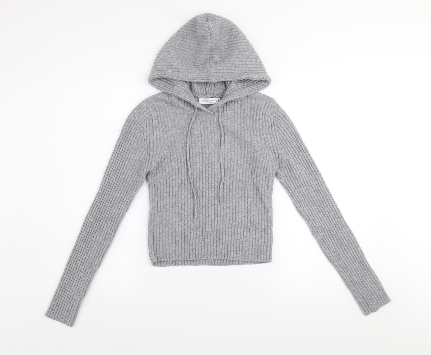 Stradivarius Womens Grey Ribbed Knit Pullover Hoodie Size S