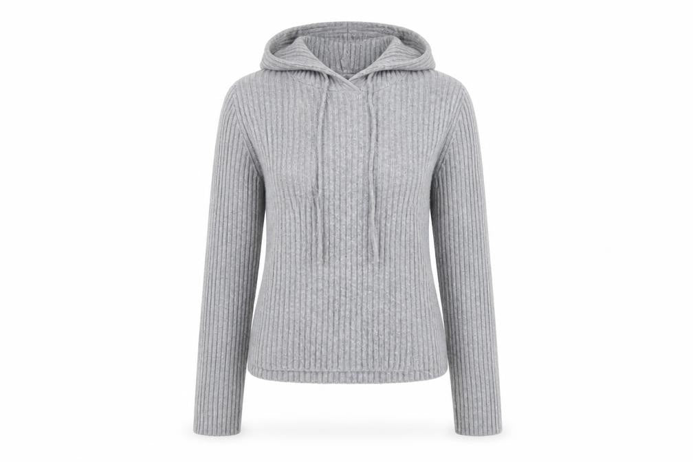 Front view of Stradivarius women’s grey ribbed knit pullover hoodie, size S