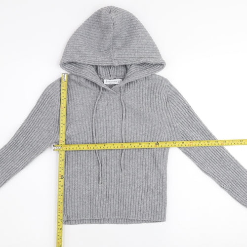 Stradivarius Womens Grey Ribbed Knit Pullover Hoodie Size S