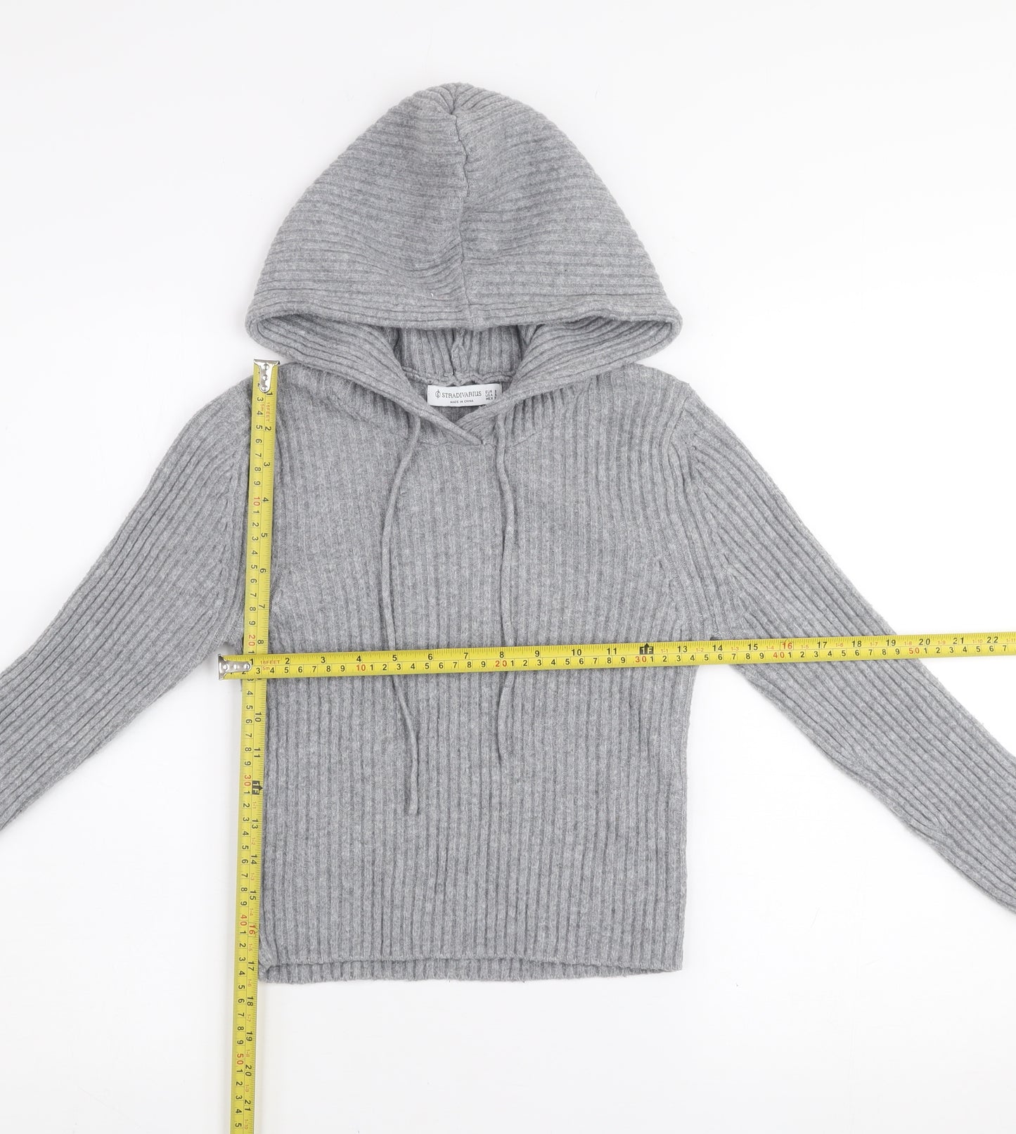 Stradivarius Womens Grey Ribbed Knit Pullover Hoodie Size S