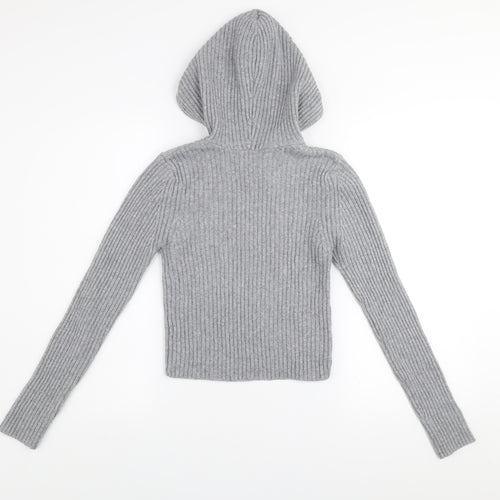 Stradivarius Womens Grey Ribbed Knit Pullover Hoodie Size S