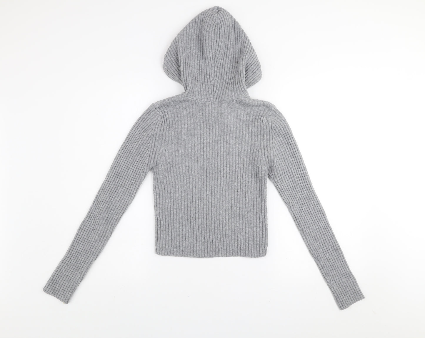 Stradivarius Womens Grey Ribbed Knit Pullover Hoodie Size S