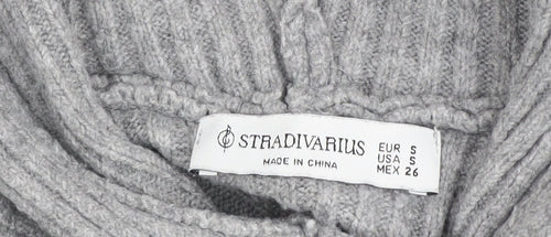 Stradivarius Womens Grey Ribbed Knit Pullover Hoodie Size S