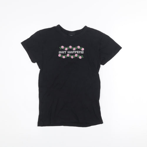 Urban Outfitters Womens Black S Embroidered Funny Cotton T-Shirt