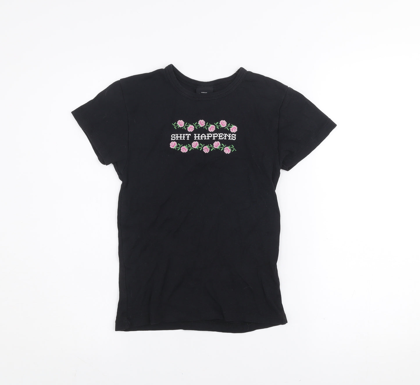Urban Outfitters Womens Black S Embroidered Funny Cotton T-Shirt