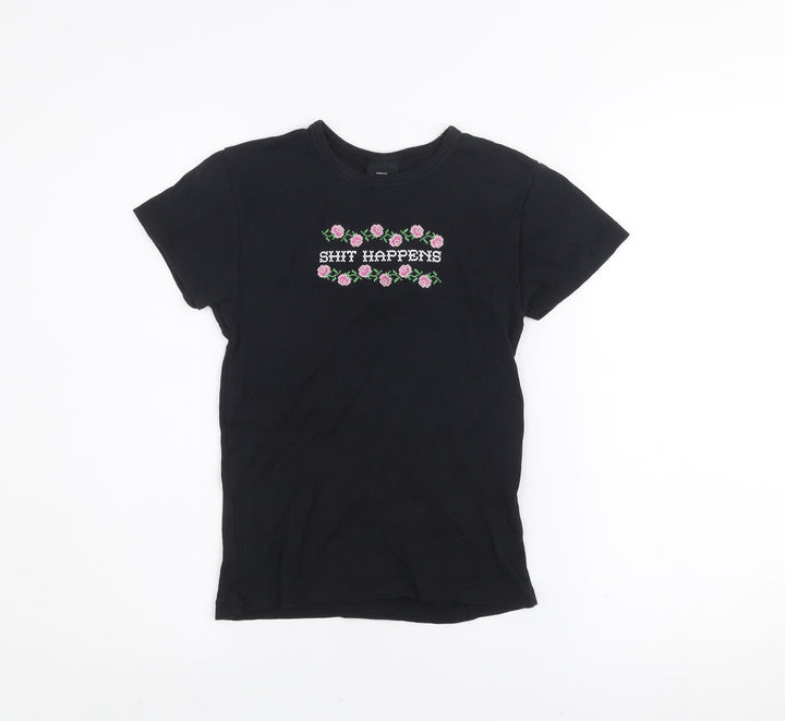 Urban Outfitters Womens Black S Embroidered Funny Cotton T-Shirt