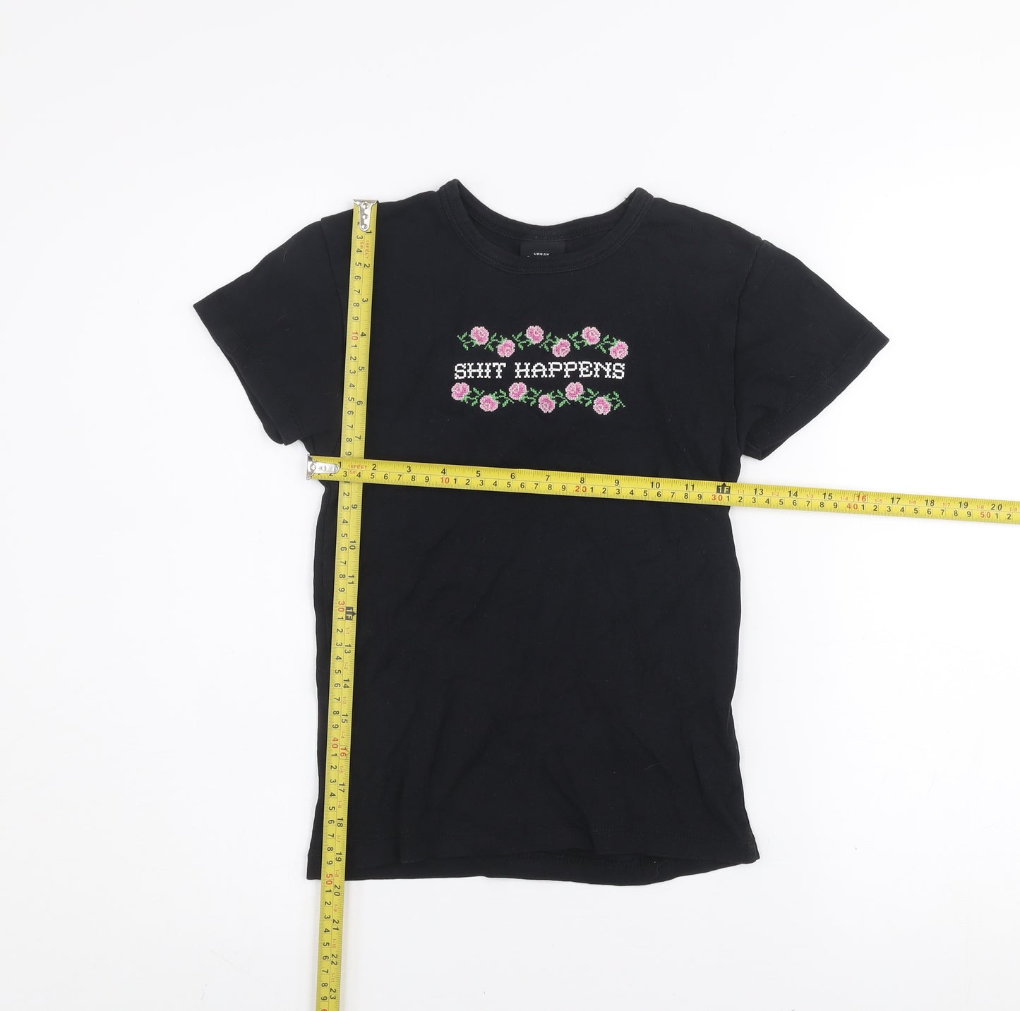 Urban Outfitters Womens Black S Embroidered Funny Cotton T-Shirt