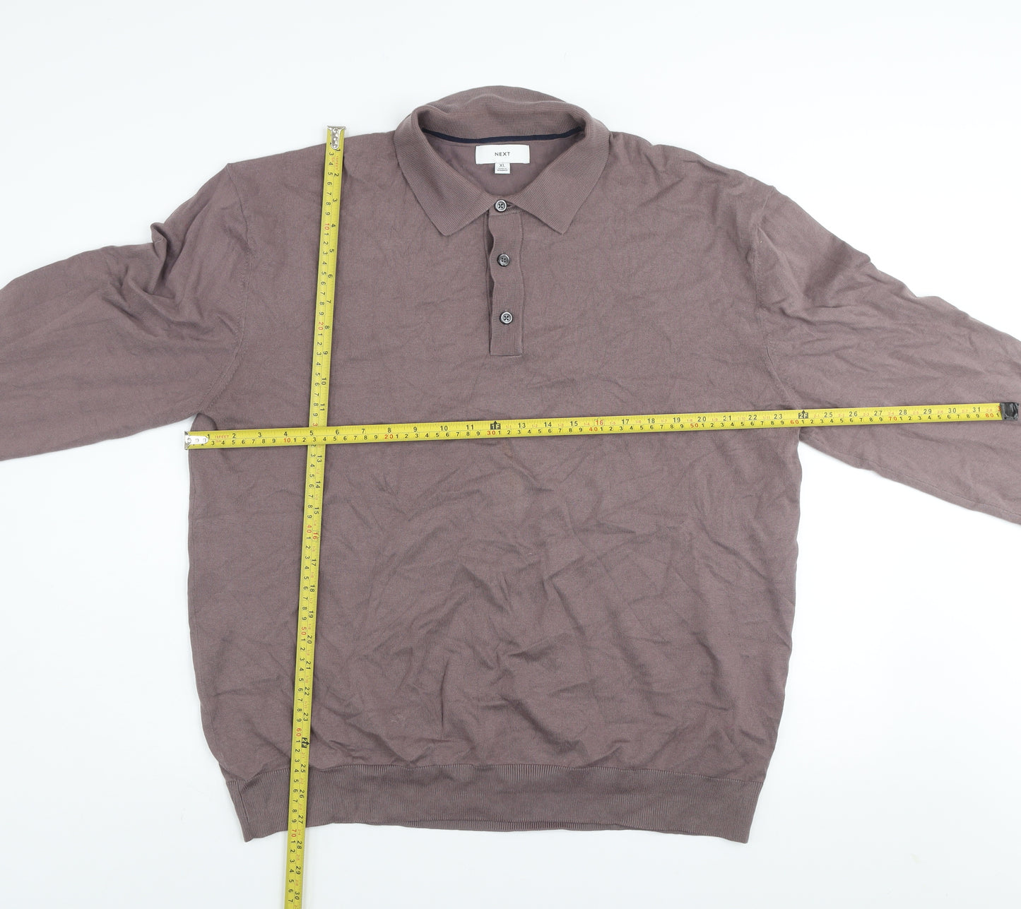 Next Men's Brown XL Long Sleeve Collared Knit Button-Up Top