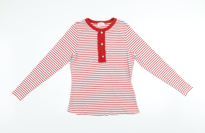 Savida Women Red Striped Long Sleeve Crew Neck Button Jersey Top Size 16