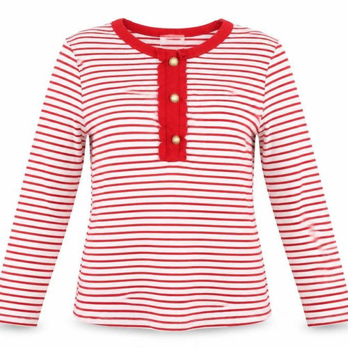 Savida Women Red Striped Long Sleeve Crew Neck Button Jersey Top Size 16