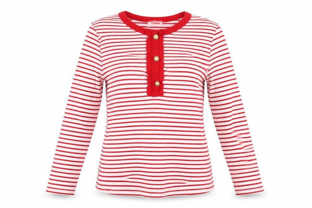Savida Women Red Striped Long Sleeve Crew Neck Button Jersey Top Size 16