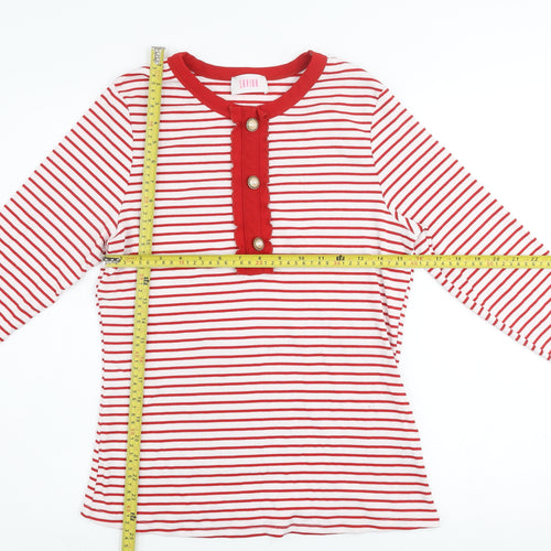 Savida Women Red Striped Long Sleeve Crew Neck Button Jersey Top Size 16