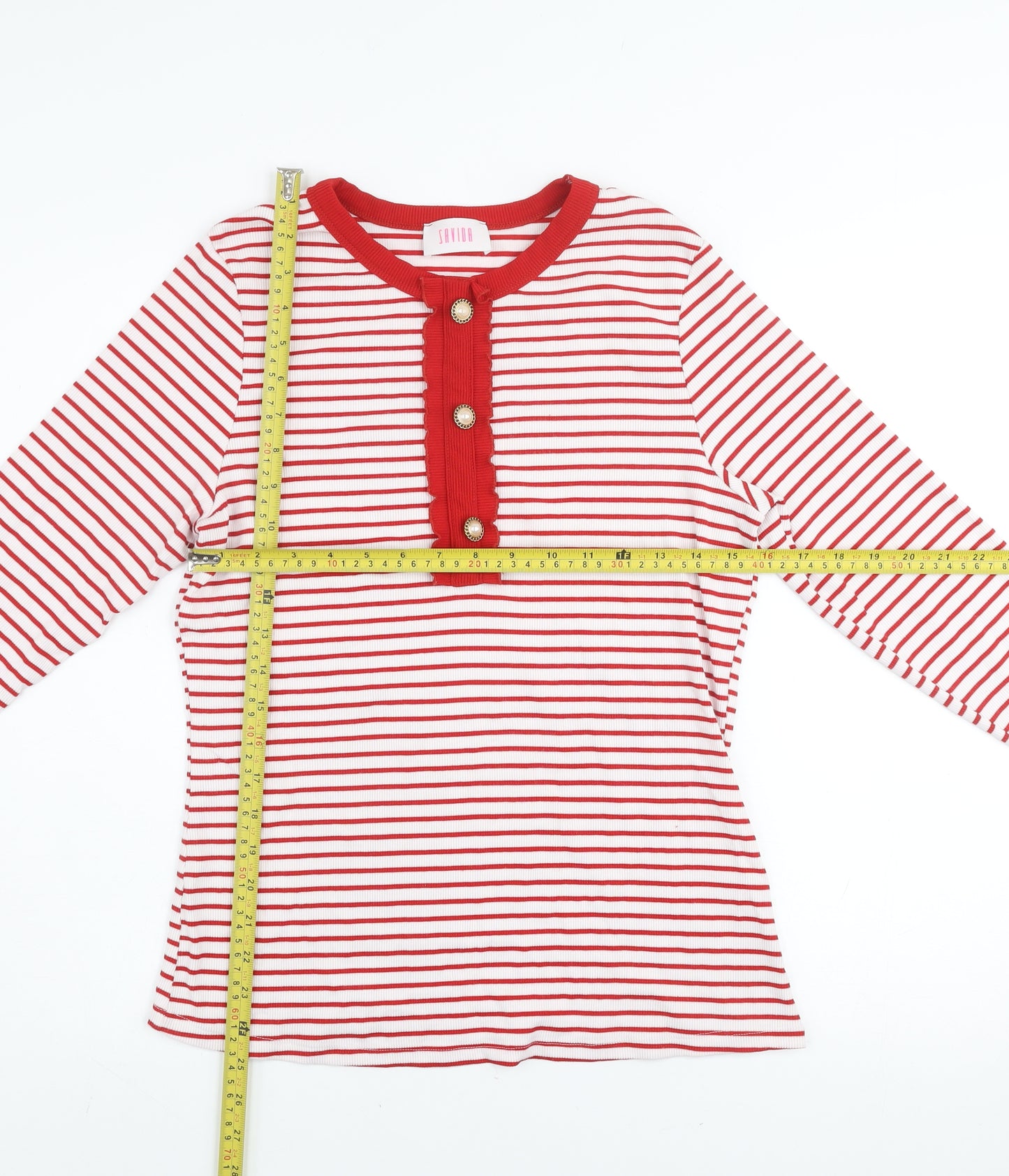 Savida Women Red Striped Long Sleeve Crew Neck Button Jersey Top Size 16