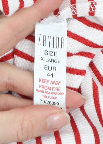 Savida Women Red Striped Long Sleeve Crew Neck Button Jersey Top Size 16
