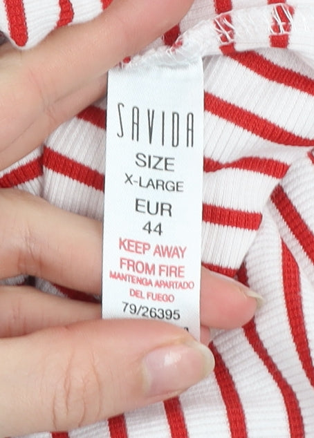 Savida Women Red Striped Long Sleeve Crew Neck Button Jersey Top Size 16