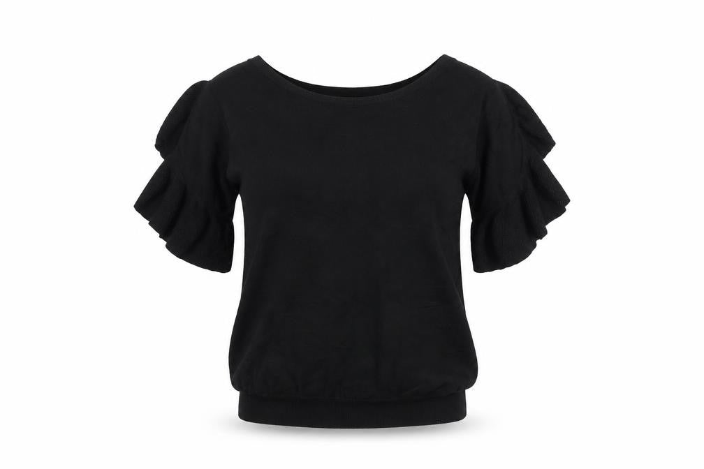Front view of Next Women's Black Ruffle Puff Sleeve Knit Blouse, size 8