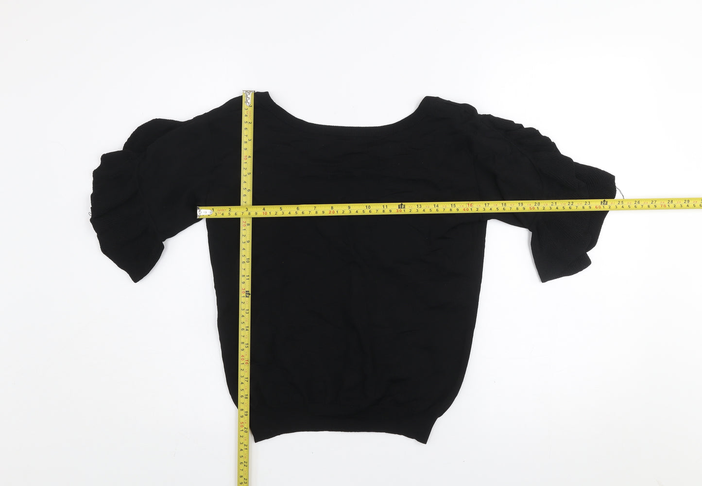 Next Women's Black Ruffle Puff Sleeve Knit Blouse Size 8
