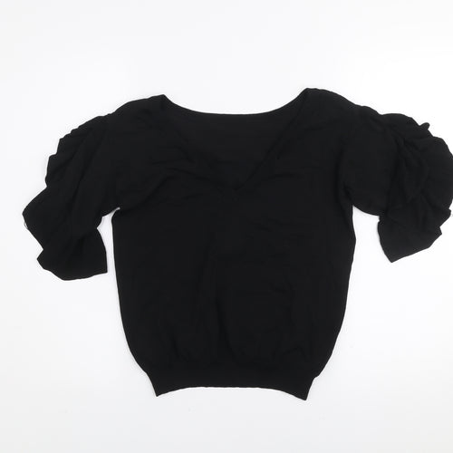 Next Women's Black Ruffle Puff Sleeve Knit Blouse Size 8