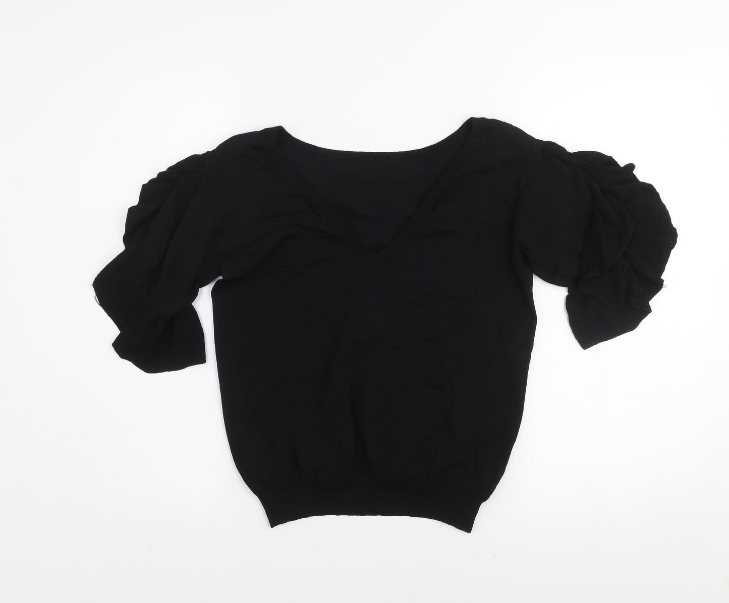 Next Women's Black Ruffle Puff Sleeve Knit Blouse Size 8