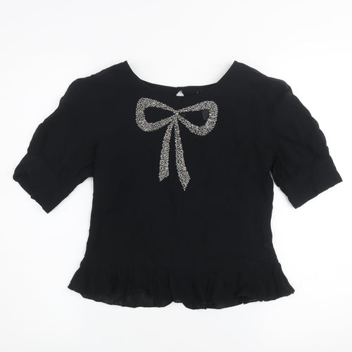 Next Women's Black Beaded Bow Short Sleeve Tunic Blouse Size 8